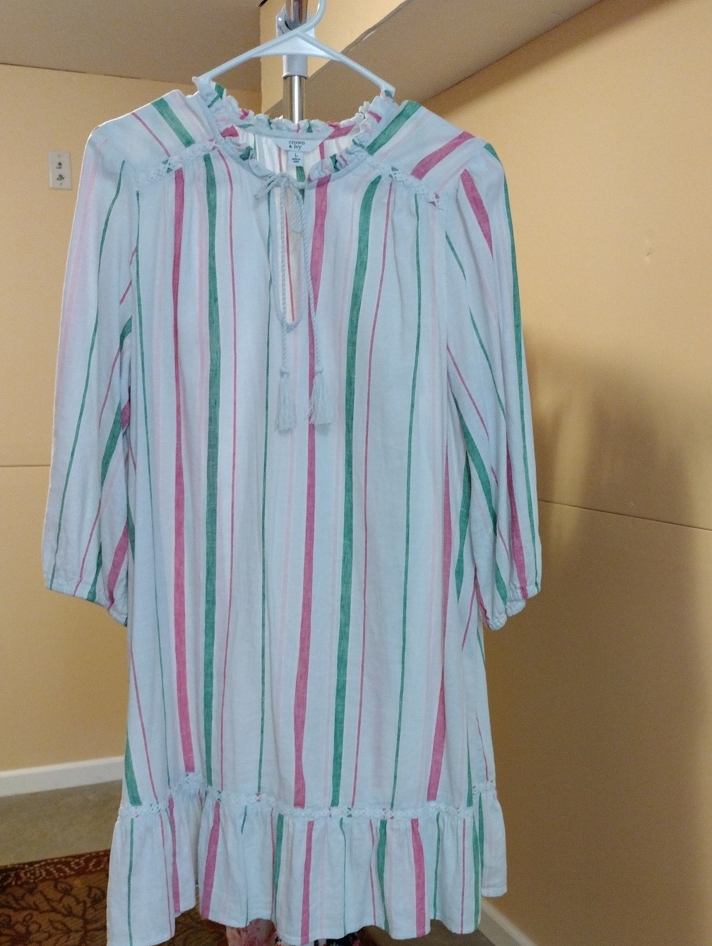 Women's White Dress with Pink and Green Stripes - Casual Summer Dress